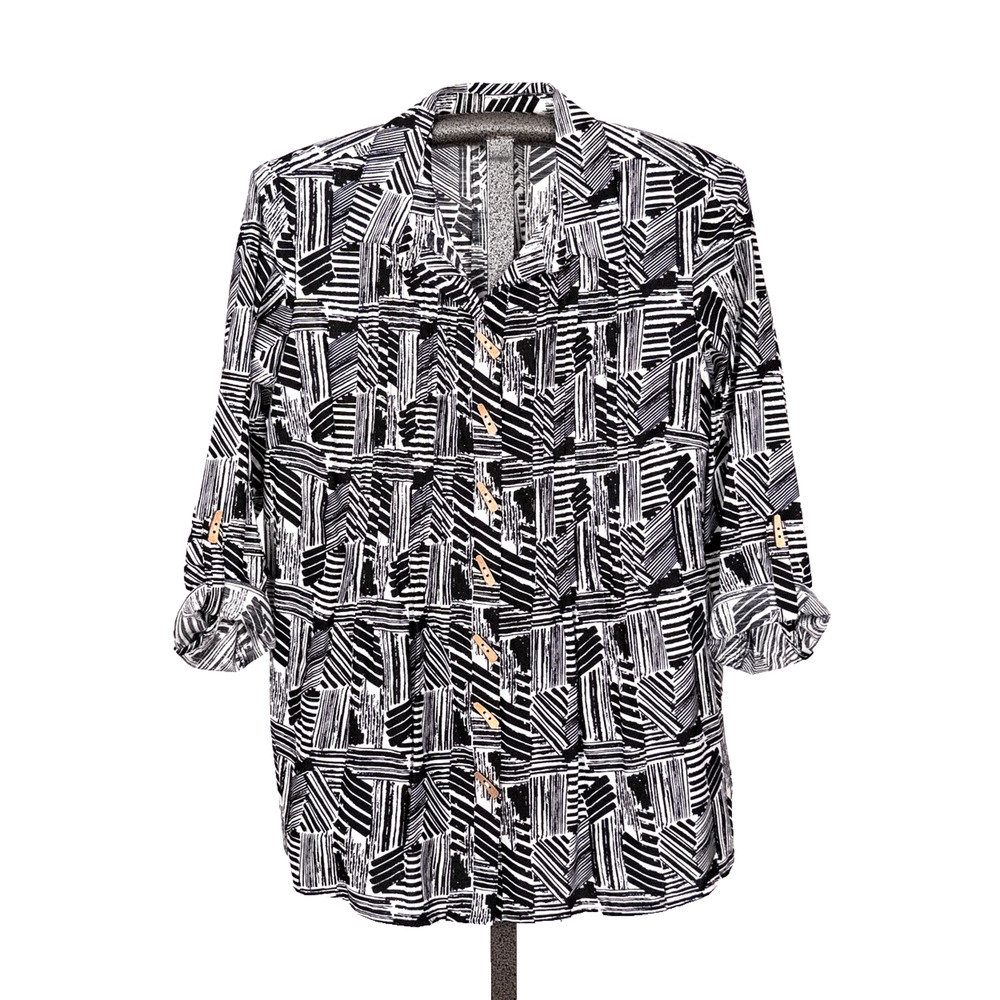 Ali Miles B&W Geometric Striped Pattern Blouse SZ MEDIUM Pintuck Pleats Roll Tab